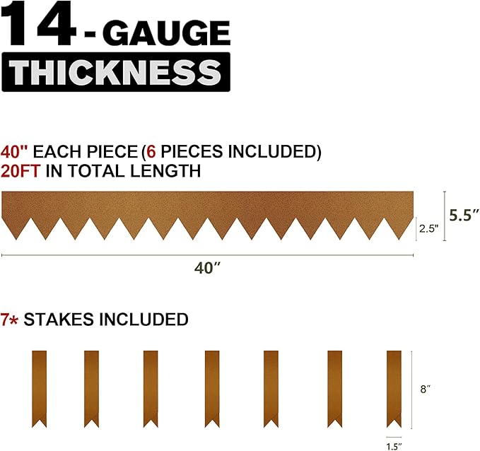 KOL Corten Steel Pre-Rusted Garden Lawn Edging - 6-Pack Metal Landscape Edging Strips - Heavy Duty Hammer-in Cor-Ten Steel Rust Border with 7 Clips - 14-Gauge - 40" L x 5.5" H (20FT Total Length)