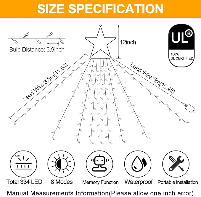 JXLEDAYY Christmas Lights Outdoor Decorations 344 LED Star Lights - Easy to Install Waterproof Fairy String, 8 Modes Xmas Tree for House Garden Party Wedding Holiday-Warm White