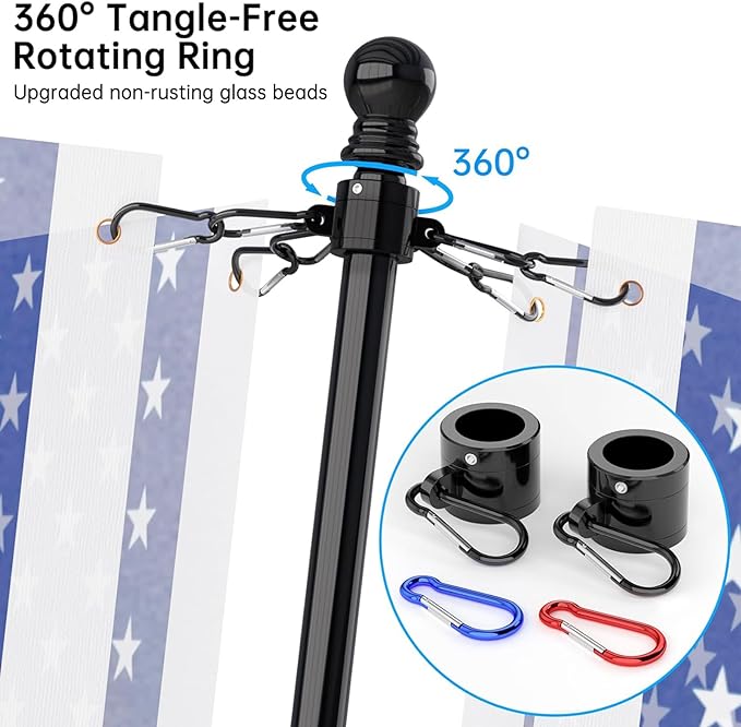 ZMTECH 2 Pcs 6 FT Flag Pole with Solar Light - Adjustable Bracket, Stainless Steel Flag Poles for Outside House, Tangle Free Flag Pole Holder Kit for American Flag (Without Flag, Black)