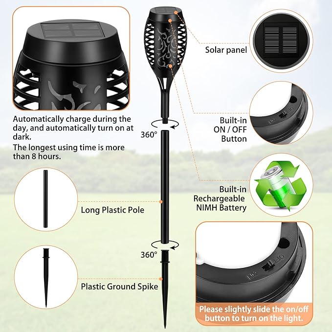 Solar Lights Outdoor Waterproof, Upgraded 6 Pack Solar Torch Light with Flickering Flame for Garden Decor, Mini Solar Outdoor Lights LED Tiki Torches for Outside Patio Yard Pathway Decoration