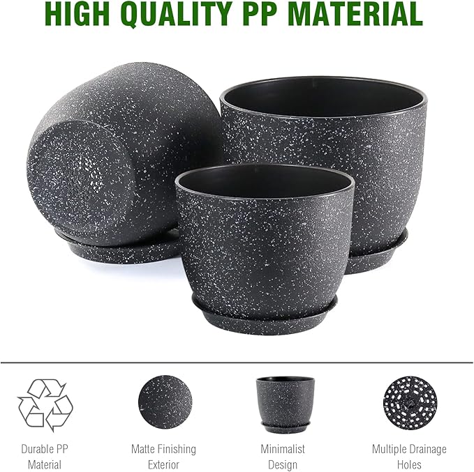 Plant Pots 10/9/8 inch, Set of 3 Modern Decorative Plastic Planters with Drainage Holes and Saucers for Garden House Plants, Flower Pots for Indoor Outdoor Plants, Speckled Black