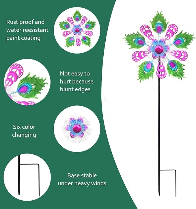 Solar Peacock Wind Spinners for Yard and Garden, 40 Inch Solar Windmill Garden Whirligig Kinetic Spinners Decor for Lawn,Patio&Yard, Metal Whirligigs Purple Wind Spinners Outdoor