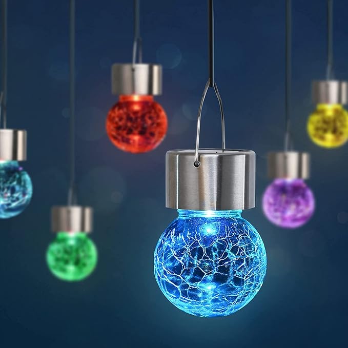 GIGALUMI 8 Pack Solar Hanging Lights, Christmas Decoration Lights with Multi-Color Changing Cracked Glass Hanging Ball Solar Outdoor Lights Waterproof Solar Lanterns for Garden, Yard, Patio, Lawn