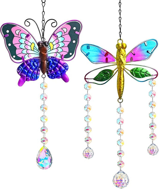 YU FENG Set 2 Suncatchers with Crystals,Stained Glass Butterfly Dragonfly Sun Catchers Window Garden Hanging Decoration Ornament,Prism Rainbow Maker Pendant
