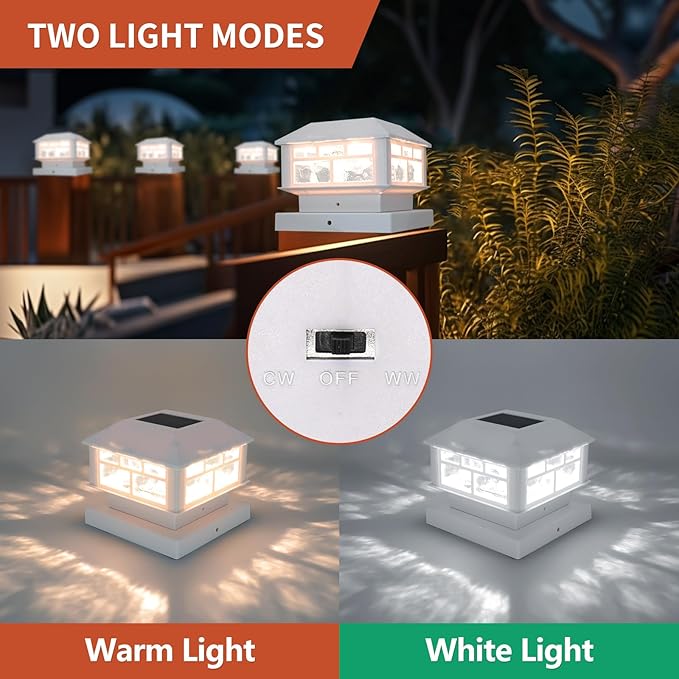 4 Packs Solar Post Cap Lights White Fence Deck Post Light Solar Powered Fit 3.5x3.5 4x4 5x5 Wooden Posts Outdoor Waterproof