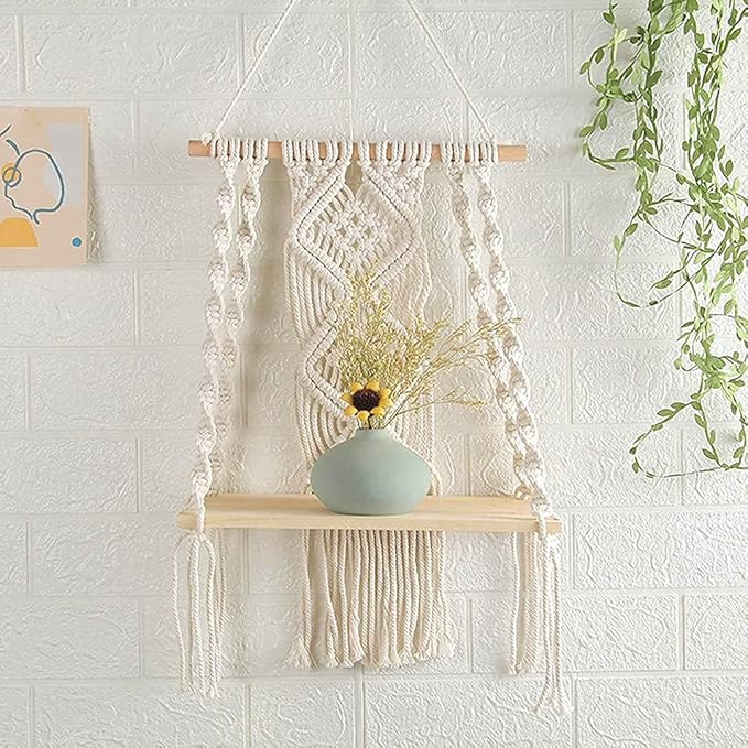 Mong Handmade Macrame Wall Hanging Shelf, Boho Indoor Rope Plant Pot Basket Hanger Holder, Rope Plant Hanger for Wall Decor Indoor Outdoor