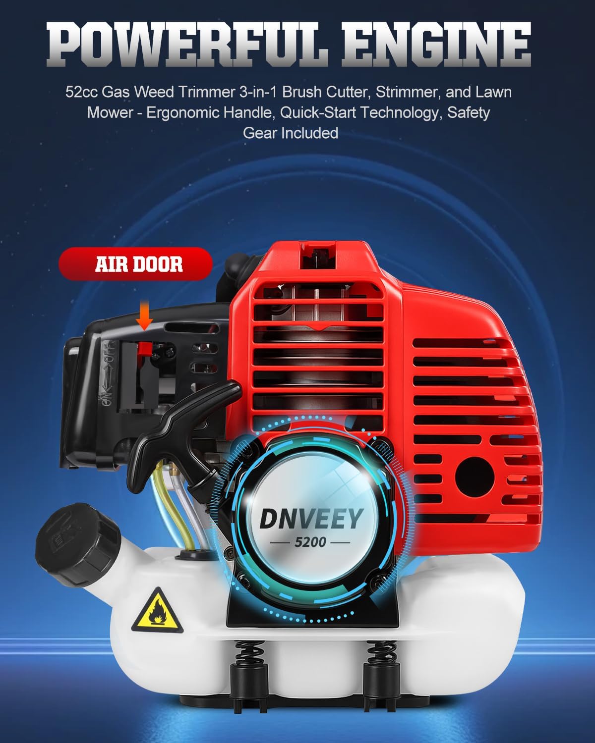 52 cc 2-Cycle Gas Powered Weed Eater, String Trimmer & Brush Cutter 3-in-1, 7,500 RPM Full-Crank, Low-Vibration Quick-Start Recoil, Detachable Shaft, Heavy Duty Weed Wacker (DE631)