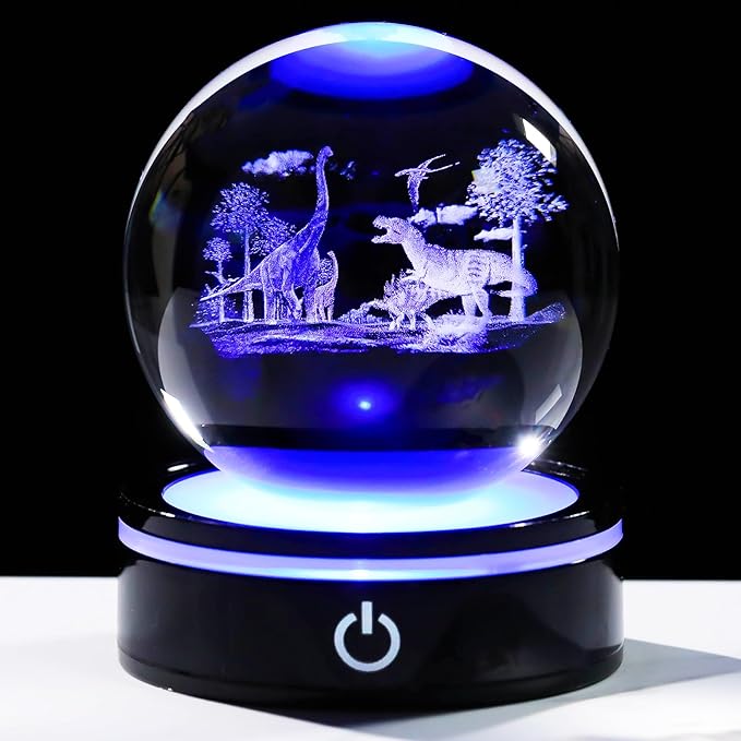 YWHL 3D Dinosaur Figurine Crystal Ball with Colorful Light Base, Dinosaur Gifts for Women Men on Christmas Birthday, 3D Laser Engraved Dinosaur Full Sphere Glass Decorative Ball for Home Office (80mm)