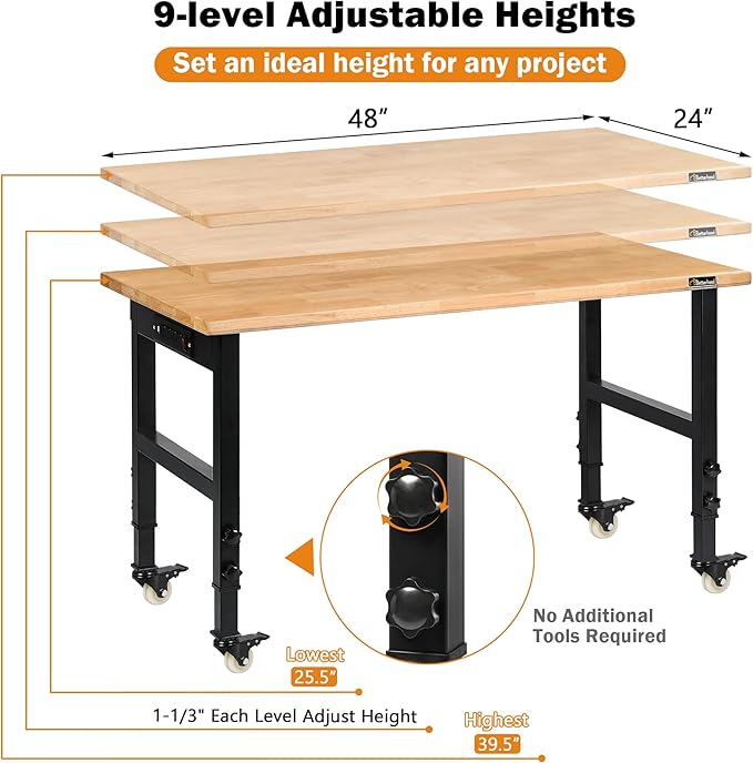 48" Adjustable Workbench for Garage, Rubber Wood Heavy Duty Workstation with Power Outlets & Wheels, 2000 LBS Load Capacity Hardwood Worktable for Workshop, Garage, Office, Home, Commercial