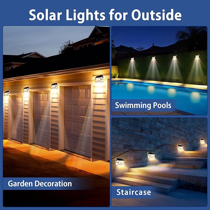 Solar Outdoor Lights 8 Pack, Solar Fence Deck Lights, Waterproof Powered Outside Lighting for Step Railing Wall Pool Stair Yard Garden Patio Pool Decorations