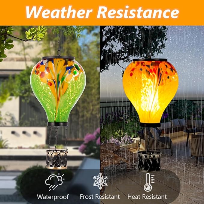 Starsoul Hot Air Balloon Solar Lantern Tie-Dye Style Glass Outdoor Solar Hot Air Balloon Lantern with Flame Light Waterproof Hanging Solar Lantern for Garden Yard Patio Decor