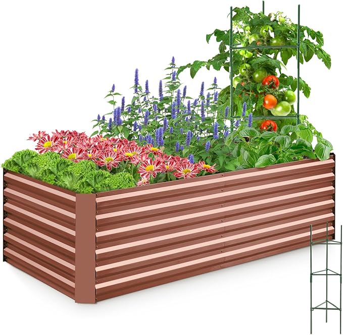 Quictent Galvanized Raised Garden Bed Metal Planter Box Bottomless for Backyard Outdoor, Include 1 pc Tomato Cage, Terracotta, 6x3x2 Ft