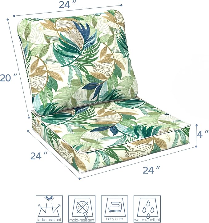 LVTXIII Outdoor Deep Seat Cushion Patio Seat and Back Cushion Set Seasonal Chair Cushion for Dining Arm Chairs, Wicker Chairs and Garden Furniture Decoration, 24"x24"x4", Lush Leaf Green