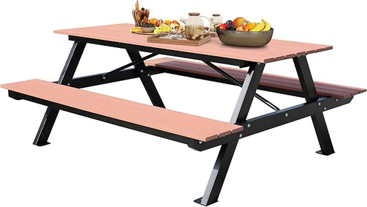 6FT Outdoor Picnic Table and Bench Set with 2" Umbrella Hole, WPC Tabletop Seattop Patio Dining Set for 6 People, Outdoor Dining Table and Chair for Park Garden Yard Patio- Brown