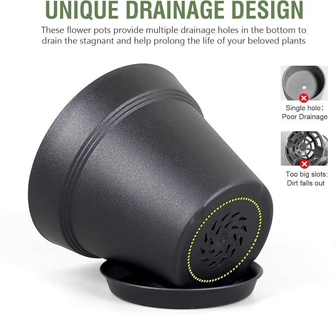 4 inch Small Plastic Nursery Pots, Seedling Pots, 16 Pack Plant Pots for Indoor Outdoor Plants, Flower Pots with Drainage Holes and Saucers, Decorative Planters for House Plants, Black