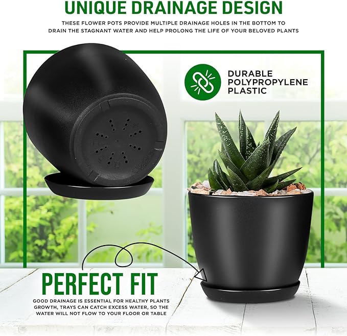 Plant Pots with Multi Drainage Holes - 10 Pieces Versatile, Sturdy Plastic, Stackable Design Home Decor Flower Pots for Indoor and Outdoor Gardening - Black
