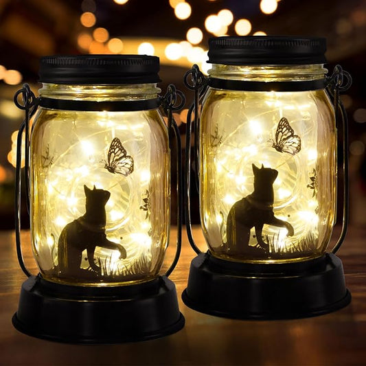Kyoryuger Cat Solar Lanterns 2PACK Cat Lover Gifts for Women Mom Grandma Christmas Cat Gifts for Cat Lovers Cat Memory Lantern with Stake for Yard Lawn Patio Garden Decor and Bedroom Decoration