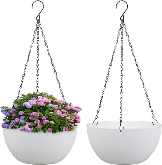 8 inch Small Hanging Planters for Indoor Outdoor Plants, 2 Pack Hanging Flower Pots with Drainage Holes and Chain for Garden Porch Plants, Plastic Hanging Baskets for House Plants, White