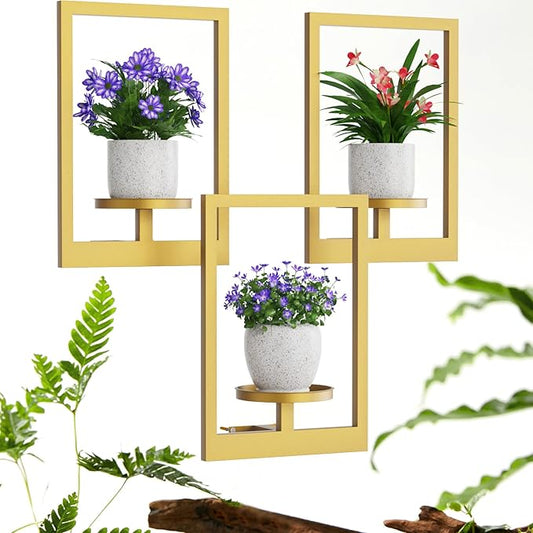 Picture Frame Wall Plant Holder, Metal Window Plant Shelves Plant Holder for Indoor Plants, Hanging Wall Planters Wall-Mounted Plant for Home, Office, and Garden (Gold, 3PCS)