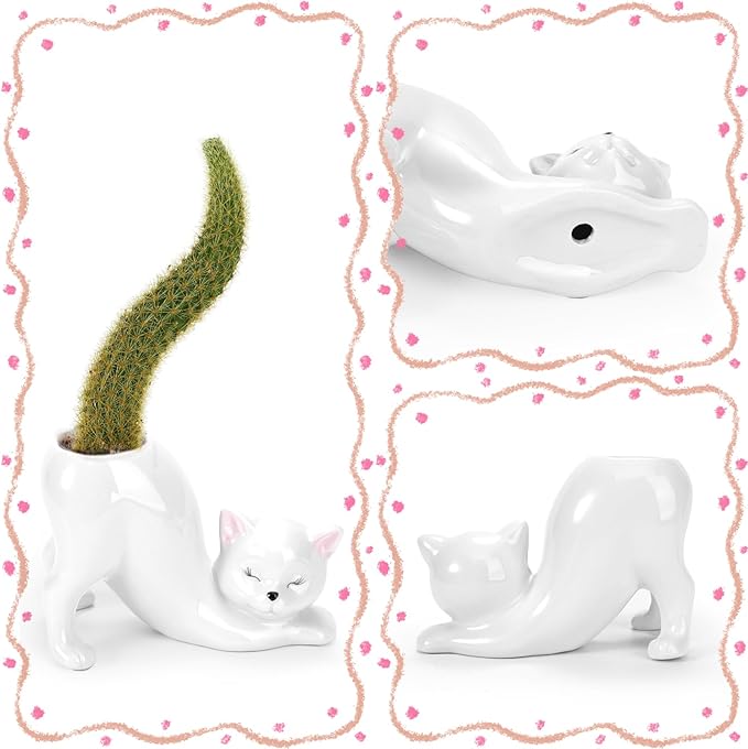 TOIVO Unique Cat Planter Pot，Indoor and Outdoor Plant Displays，Funny Ceramics Cat Flower Pot，Cat Gifts for Cat Lovers，Lovely Office Desk Room Home Decor (White, Small)