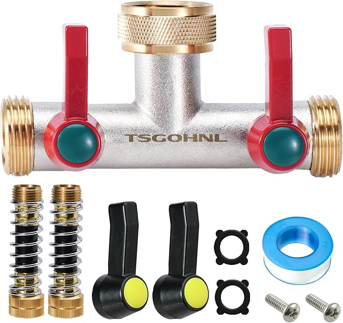 Brass Garden Hose Splitter, 2-Way Heavy Duty Faucet Splitter, 180° longitudinal，Frost Resistant Faucet Diverter for GHT 3/4" Connectors，2 protectors to prevent hose kinking