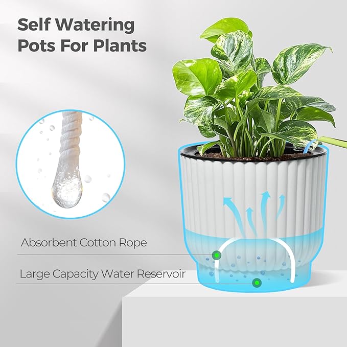 T4U 7 Inch Self Watering Pots for Indoor Plants, 4 Pack White Plastic Flower Pots for All House Plants, Flowers, African Violets