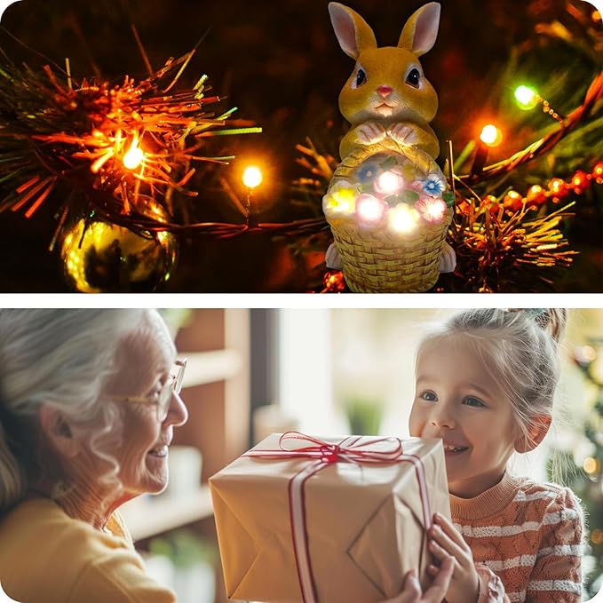 Solar Garden Statues Rabbit & Flowers Decor Outdoor Indoor with 5 LED Light, Unique for Women,Mom,Grandma,Girls, Bunny Lawn Decorations Statue for Patio,Yard Ornament,Gardening