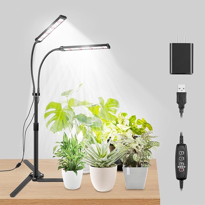 Grow Lights for Indoor Plants, Full Spectrum LED Tabletop Plant Lights for Indoor Growing, Dual-Head Gooseneck Plant Lamp with 5 Dimmable & Auto On/Off 4/8/12/18H Timer, Height Adjustable 9.8-25''