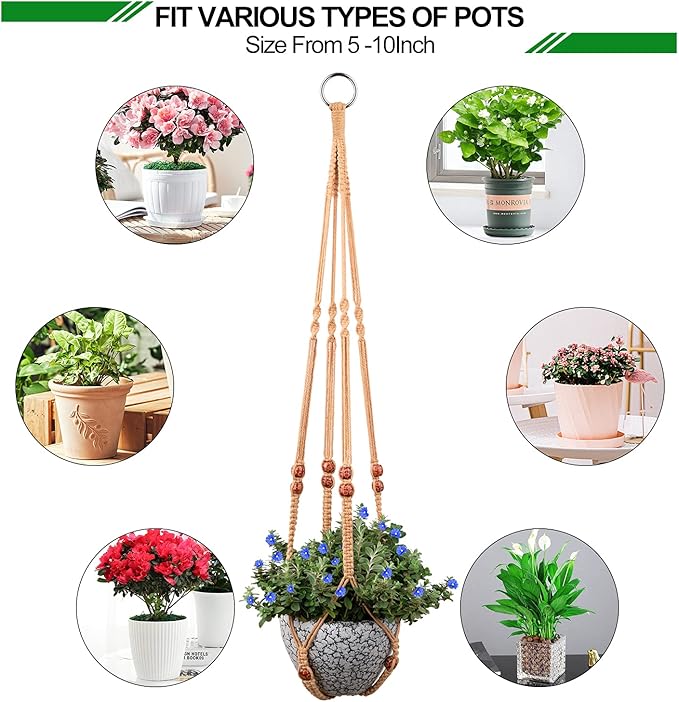 Macrame Plant Hanger for 5 to 10 Inch Plant Pots, Set of 2 Indoor Handmade 35 Inch Woven Rope Hanger Kits with Hooks and Wood Beads, Hanging Planter Basket Holder for Boho Home Decor (Brown, 2 Pack)