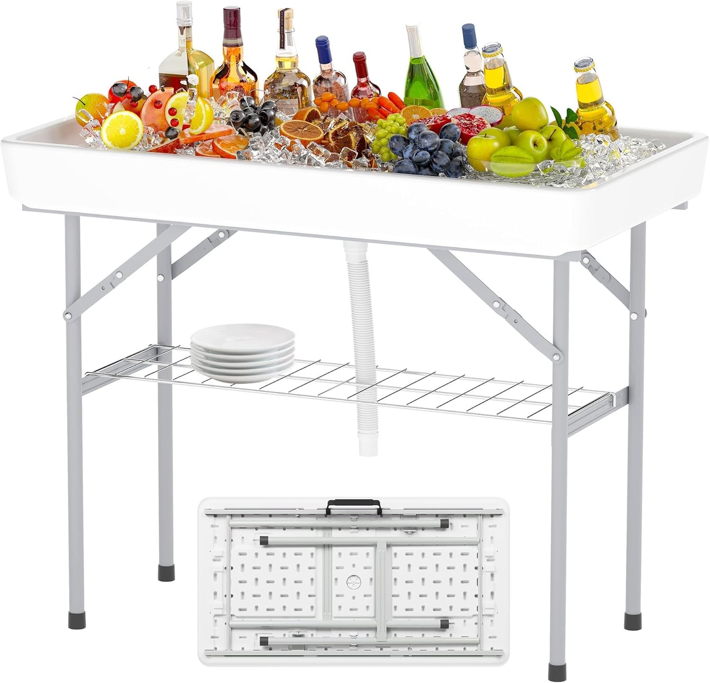4 Foot Ice Cooler Table with Matching Skirt & Drain Hose, with Iron Stand, Portable Patio Outdoor Chilling Table Portable Bar for Events for Party, Picnic, BBQ, Camping (White)