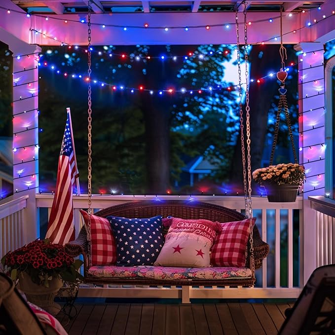 JMEXSUSS 2 Pack Red White and Blue Solar Lights, 200LED 75.5ft Patriot Solar String Lights Outdoor Waterproof, 8 Modes 4th of July Light for Independence Day Patio Garden Tree Decorations