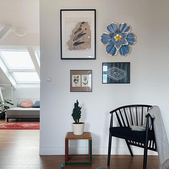 EASICUTI Blue Metal Flower Wall Decor Boho Metal Wall Art Decorations Hanging for Indoor Outdoor Home Bathroom Patio Fence Garden Bedroom Living Room Or Wall Sculptures 12 Inch