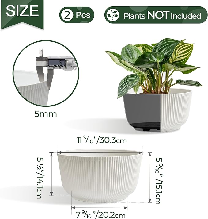 T4U 12 Inch Large Self Watering Plant Pots, Wide Self Watering Planter with Drainage Hole, Large Plant Pots Flower Pot for Plants, Set of 2, White