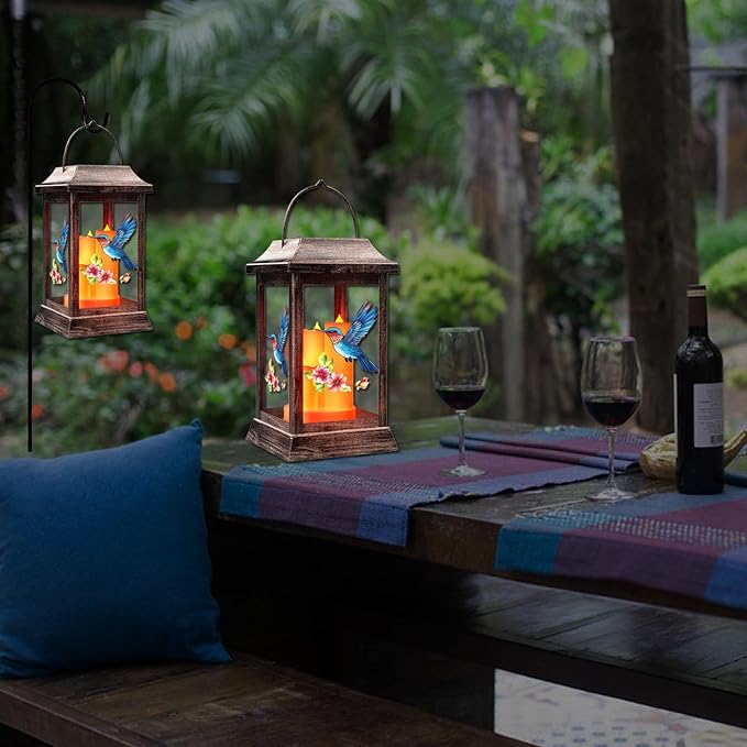 Solar Lanterns, Hummingbird Outdoor Hanging Lanterns, Metal Solar Lights, Gardening Gift for Mom Women Mother's Day, Garden Decor for Outside Porch Table Patio Yard, Grave Decorations for Cemetery