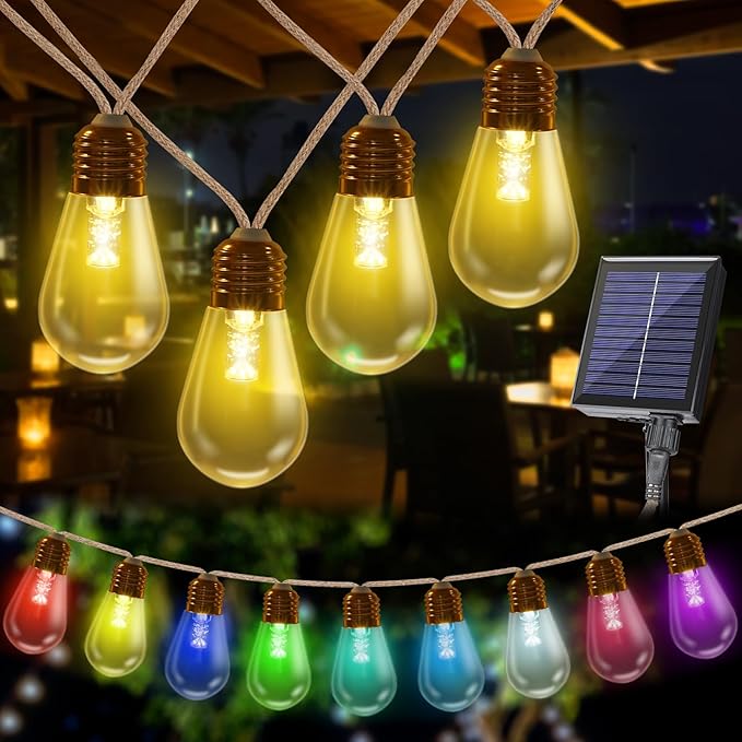 Colors Changing Solar String Lights Outdoor, 20Ft Vintage Rope Hemp Color Change Patio Lights, 16 Waterproof Shatterproof Bulbs Solar Light for Garden Yard Proch Wedding Party - Warm White & RGB