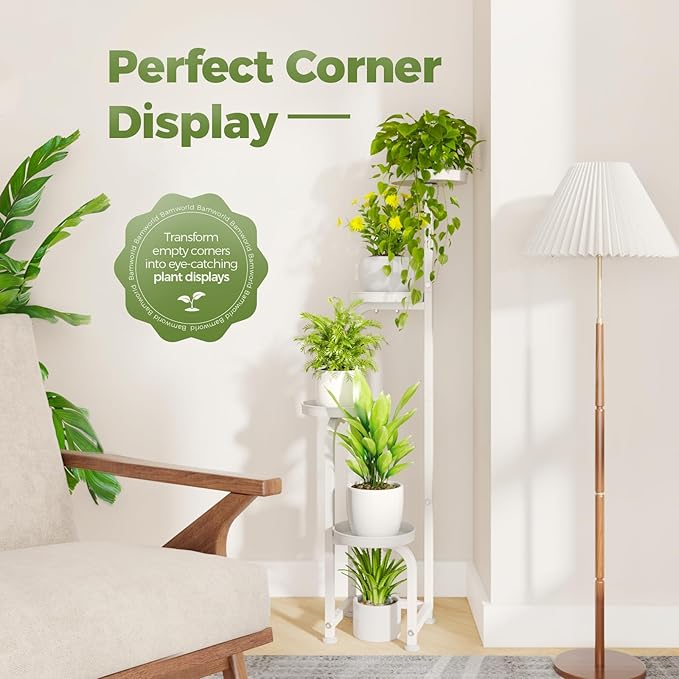 Bamworld Corner Plant Stand Indoor Outdoor, Tall Metal Flower Pot Stands for Multiple Plants, 4 Tier White Heavy Duty Plant Shelf for Patio Garden Balcony Living Room Bedroom(Patent Design)