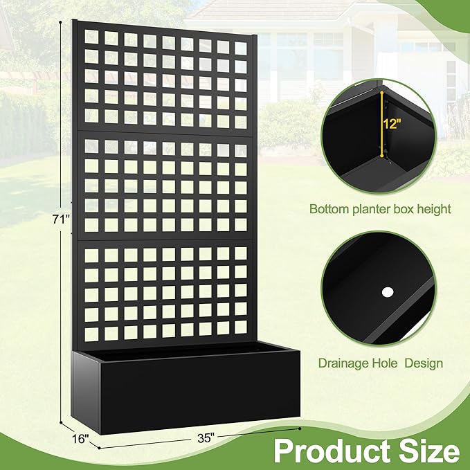 Metal Raised Garden Bed, Trellis Planters Bed with Drainage Holes for Climbing Plants, Vegetables Outdoor Privacy Screen with Planter Box 73"x35"x16", Black