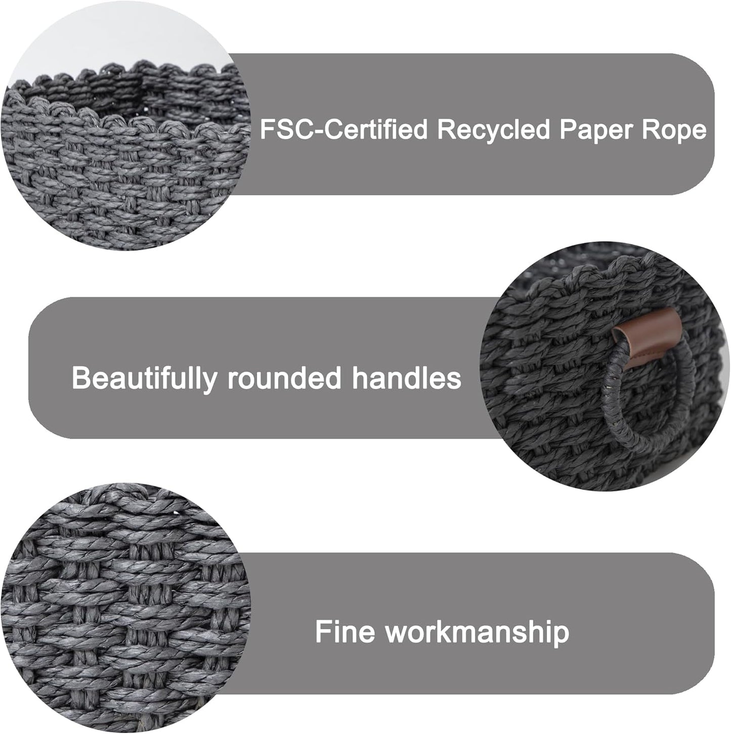 Paper rope Small Storage baskets for Organizing,Cute woven Little basket for Home，Shelves, Bathroom,Decorative basket,Set of 3 (Black)
