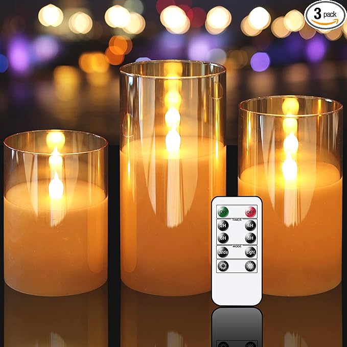Glass LED Flickering Candles with Remote Timer, Flamless Pillar Candles Real Wax with 3D Wick Realistic, Home Decoration for Wedding Home Festival