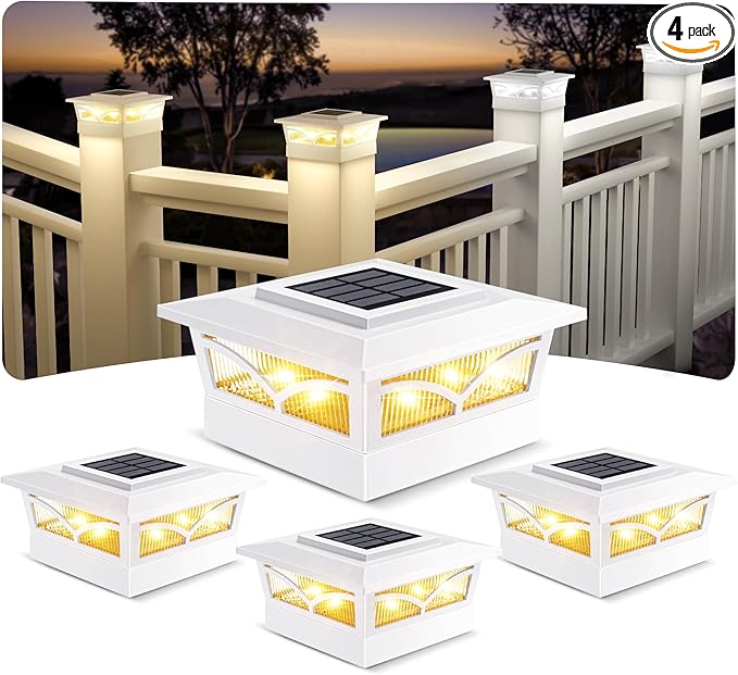 NIORSUN Solar Post Cap Lights Outdoor, 2 Modes LED, Deck Fence Post Solar Lights for 3.5x3.5 4x4 5x5 Caps Patio Garden Decoration, Warm White/Cool White Lighting White 4 Pack