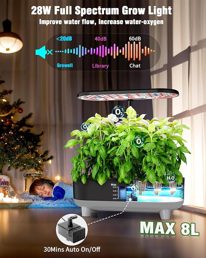 Hydroponics Growing System Kit, 16 Pods Indoor Garden with 28W Full Spectrum LED Grow Light, Auto Timer, 3 Smart Light Modes, 8L Large Herb Garden, Ideal Gardening Gift for Women, Men (Black)