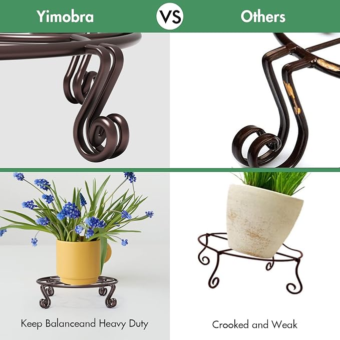Yimobra 2 Pack Plant Stand for Flower Pot Heavy Duty Potted Holder Indoor Outdoor Metal Rustproof Iron Garden Container Round Supports Rack for Planter Bronze, Brown,10.2 Inches