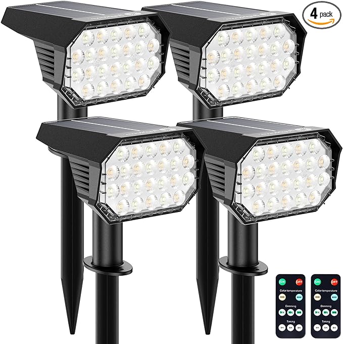 Brightown Solar Lights Outdoor Waterproof IP67, [Cool & Warm Light 2-in-1] Solar Spot Lights Outdoor, 2 Colors 3 Brightness Levels LED Outdoor Solar Lights for Yard Pathway Garden House, 4 Pack