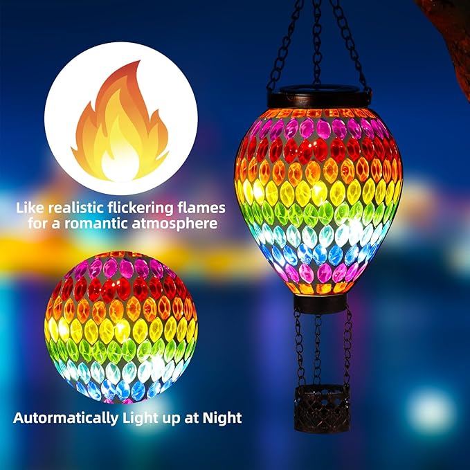 VOREEN Hot Air Balloon Solar Lantern, Mosaic Solar Outdoor Hanging Wind Light, Waterproof, Patio Festive Decor, Easter Gifts for Mom Father Grandma, Rainbow Pattern