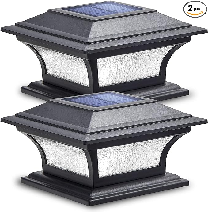 SIEDiNLAR Solar Post Lights Outdoor Glass LED Fence Cap Light 2 Modes for 4x4 5x5 6x6 Posts Deck Patio Garden Decoration Warm White/Cool White Lighting Black (2 Pack)