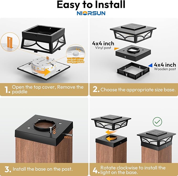 NIORSUN Solar Post Cap Lights Outdoor, 2 Modes LED, Deck Fence Post Solar Lights for 3.5x3.5 4x4 Caps Patio Garden Decoration, Warm White/Cool White Lighting Black 6 Pack