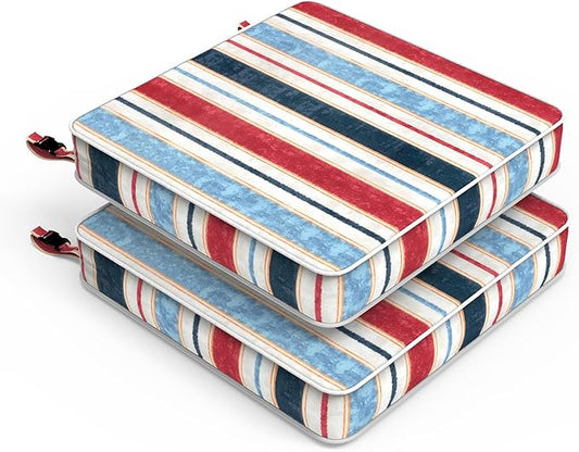 LVTXIII Patio Chair Cushions 22"x22"x3", Water-Repellent Outdoor Seat Cushions for Patio Furniture, Square Chair Pads with Ties for Home Garden Decoration, Set of 2, Stripe Red Blue