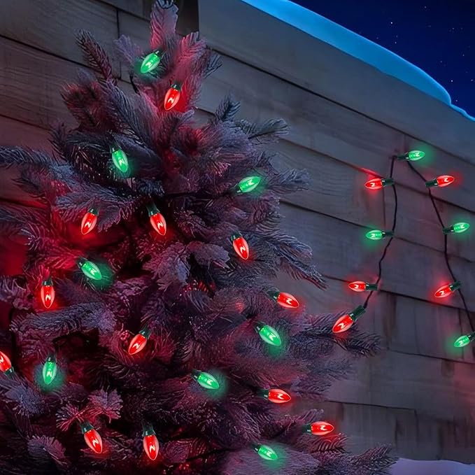 C7 Red and Green Christmas Lights Outdoor, 25Ft Outdoor Christmas Decorations String Lights with 27 Incandescent Bulbs, Vintage Christmas Lights for Indoor Outdoor Patio Christmas Party House Roofline