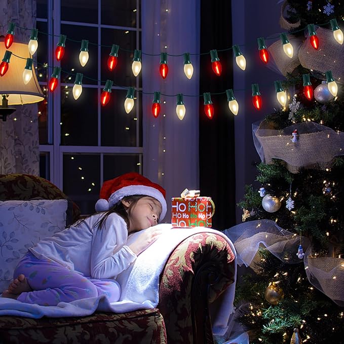 C7 LED Red and Frosted White Christmas Lights 25FT Outdoor Christmas Decorations String Lights with 27 Shatterproof LED Bulbs, Hanging Vintage Christmas Light for Outdoor Garden Wedding Roofline Patio