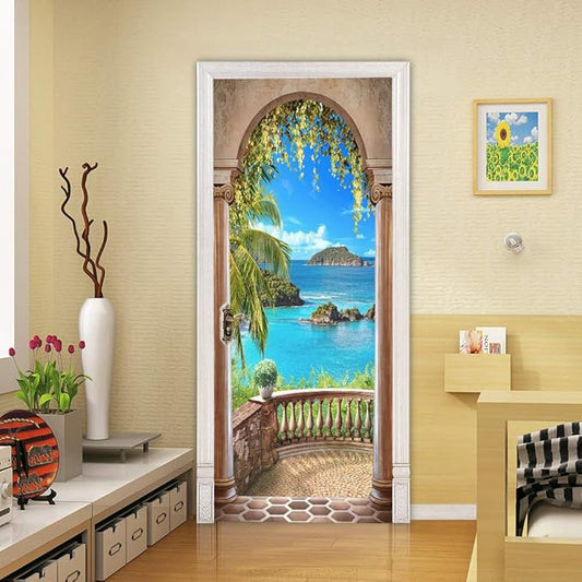 3D Door Stickers Murals - Landscape - Peel and Stick - Waterproof & Washable - Matt Finish - Tropical Style - White - 33.9" x 78.7" - 2 PARTS